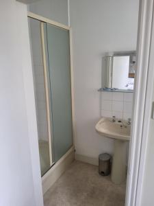 a bathroom with a shower and a sink at The Washford Station Inn, in Washford