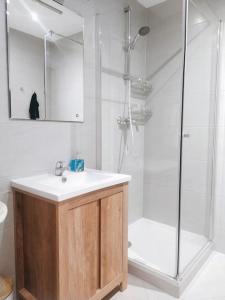 a bathroom with a sink and a shower at Apartament Bażantów in Katowice