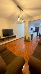 CASTELLARES LA PUEBLA APARTAMENT في اياكوتشو: غرفة معيشة مع أريكة وتلفزيون بشاشة مسطحة