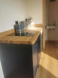 a kitchen with a sink and a wooden counter top at Cwt y Mynydd in Chester