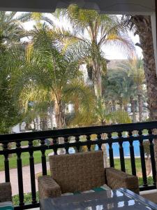 a balcony with a table and chairs and palm trees at cozy apprtr in Agadir