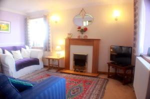 a living room with a blue couch and a fireplace at Comfortable detached 4 bedroomed holiday home in Balivanich