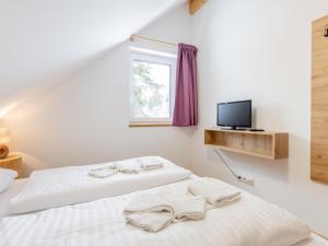 two beds in a white room with a tv at Lärchenhof Top 302 in Mauterndorf