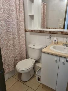 Baño pequeño con aseo y lavamanos en Ovalle Hotel Arauco, en Ovalle