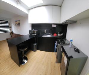 eine Küche mit einer schwarzen Theke und einem Waschbecken in der Unterkunft Nui 1 in Punta Arenas