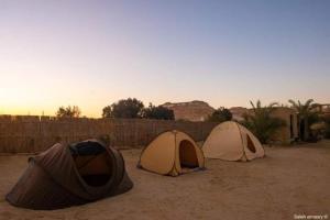 Tre tende, sedute nella terra vicino a una recinzione di غزاله كامب a Siwa