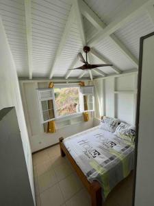 Schlafzimmer mit einem Bett, einem Deckenventilator und einem Fenster in der Unterkunft Carbet Beaujolais in Le Vauclin