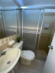 a bathroom with a shower and a toilet and a sink at Apartamentos Sur de Cali cerca a Unicentro - 402 in Cali