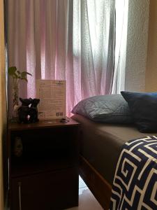 ein Schlafzimmer mit einem Bett und einem Fenster mit einem Vorhang in der Unterkunft Habitación Cuitláhuac en Apartamento Compartido in Mexiko-Stadt