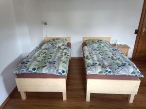 dwa łóżka siedzące obok siebie w pokoju w obiekcie Gipfelblick am Wössner Bach w mieście Unterwössen