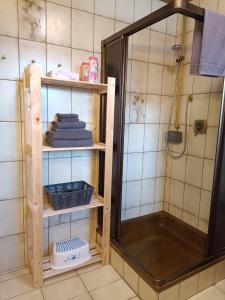 a bathroom with a shower and a shelf with towels at Gipfelblick am Wössner Bach in Unterwössen