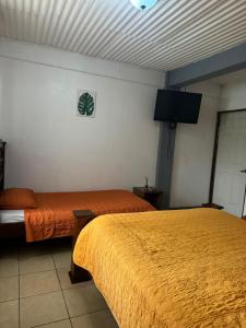 ein Hotelzimmer mit 2 Betten und einem TV in der Unterkunft Hotel y restaurante Tabaconess in Guácimo