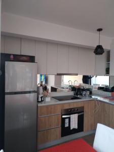 La cuisine est équipée de placards blancs et d'un réfrigérateur en acier inoxydable. dans l'établissement Departamento con exelente ubicacion, à Pucón