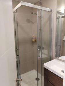 La salle de bains est pourvue d'une douche avec une porte en verre. dans l'établissement Departamento con exelente ubicacion, à Pucón