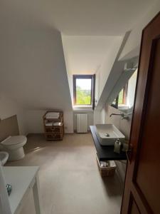 an attic bathroom with a toilet and a sink at Domus Orestea Luxury Suites in Palermo