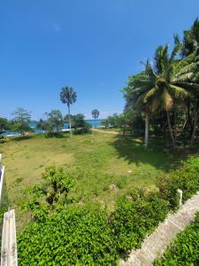um campo relvado com palmeiras e o oceano em Susy apartment em Sosúa