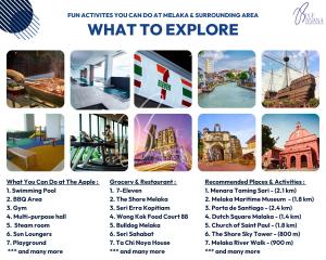 a collage of pictures of what to explore at The Apple Suites Melaka by BlueBanana in Malacca