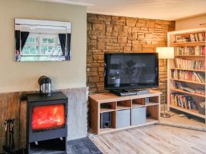 a living room with a television and a stove at Rose Cottage in Slaley