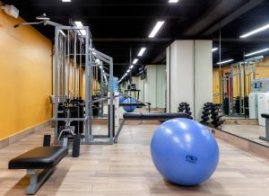 une salle de sport avec un grand ballon bleu au milieu dans l'établissement La Joya Pachuca, à Pachuca