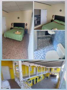 eine Collage mit Fotos von einem Schlafzimmer und einem Haus in der Unterkunft Hotel La Posada de Don Chusito in Puerto Barrios