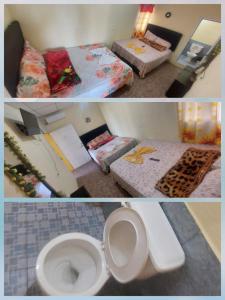 twee foto's van een kamer met een toilet en een slaapkamer bij Hotel La Posada de Don Chusito in Puerto Barrios