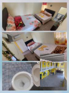 duas fotos de um quarto com um WC e uma casa em Hotel La Posada de Don Chusito em Puerto Barrios