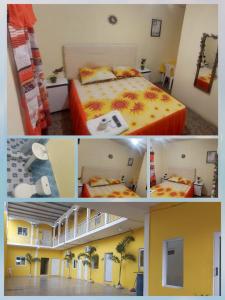een collage van drie foto's van een slaapkamer en een bed bij Hotel La Posada de Don Chusito in Puerto Barrios