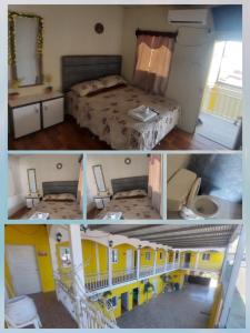 3 fotos de una habitación con una cama y una casa en Hotel La Posada de Don Chusito, en Puerto Barrios