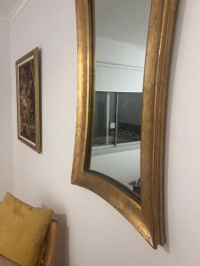 ein Spiegel hängt an einer Wand in einem Zimmer in der Unterkunft Leafy garden in Sydney
