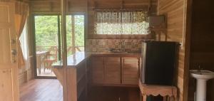 uma cozinha com um lavatório e uma televisão num quarto em Cabaña Palo Verde em Puntarenas