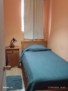 a bedroom with a blue bed and a window at Alojamiento jv CABAÑA in Nogales
