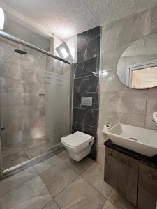 La salle de bains est pourvue de toilettes, d'une douche et d'un lavabo. dans l'établissement taksim brand suit hotel, à Istanbul