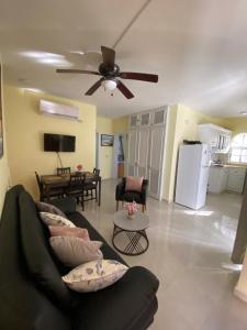 sala de estar con sofá y ventilador de techo en paradise close to the beach pool free parking,wifi- punta cana, en Punta Cana