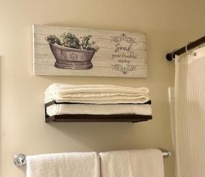 a bathroom with a shelf with towels and a plant at The CozeeNest in Hagerstown