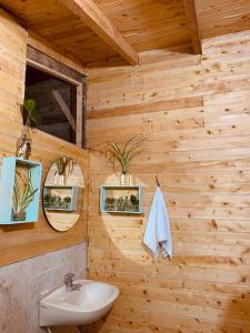 baño con paredes de madera, lavabo y espejos en Susurro del bosque, en Medellín