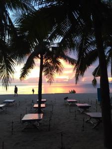 un grupo de mesas y palmeras en una playa en 1. Studio at Somphong Ban Amphur beach Thailand, en Na Jomtien