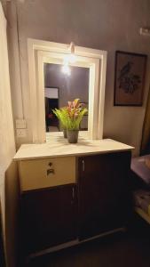 a counter with a mirror and a potted plant on it at Eagles view Gongala in Deniyaya