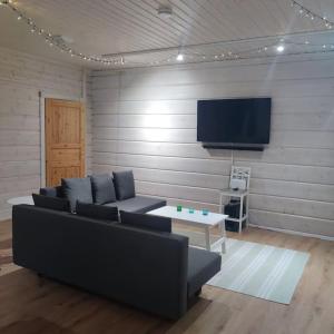 Una sala de estar con un sofá y un televisor de pantalla plana. en Wonderful Holiday home, en Kivitaipale