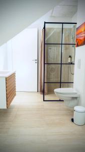 La salle de bains est pourvue de toilettes, d'une douche et d'un lavabo. dans l'établissement Plesners Badehotel-Lejligheder, à Skagen