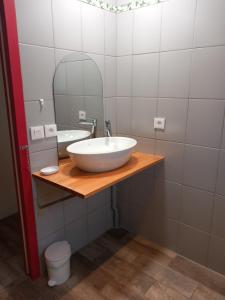 a bathroom with a white sink and a mirror at Le chalet des Patures in Rochefort-Montagne