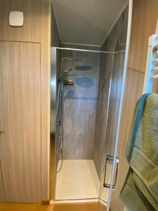 eine Dusche mit Glastür im Bad in der Unterkunft Tiny House en lisière de forêt in Les Mages