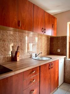 una cocina con armarios de madera y fregadero en Apartman Lana en Jajce