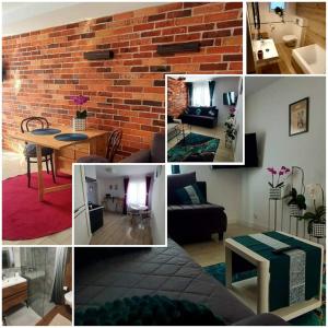 a collage of pictures of a living room and a kitchen at Apartamenty Orchidea Łeba in Łeba