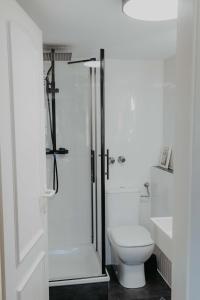 a white bathroom with a shower and a toilet at sleepArt Black&White in Celle