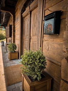 Zagorska Sela的住宿－Country home Lagom，木墙,上面有两株植物和钟
