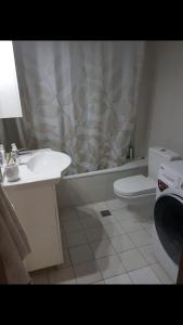 La salle de bains est pourvue d'un lavabo, de toilettes et d'un rideau de douche. dans l'établissement Ina's cozy apartment, à Peraia