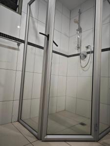 La salle de bains est pourvue d'une douche avec une porte en verre. dans l'établissement Pacific FairPrice Share Room, à Nadi