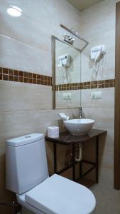 a bathroom with a white toilet and a sink at Archil and Nino Gigauri Guest House in Stepantsminda