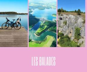 uma colagem de quatro imagens de pontos turísticos e uma bicicleta em Lacs de l'eau d'heure Chez Oma em Cerfontaine