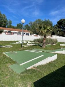 einen Golfplatz in einem Hof mit einer Palme in der Unterkunft Mobil home charmant in Argelès-sur-Mer